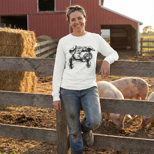 Schweinekopf-Farmtier-Zeichnung in Schwarzweiß T-Shirt