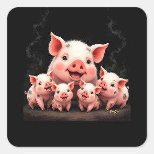 Schweinekunst – Muttersau und Ferkel Quadratischer Aufkleber