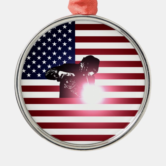 Schweißer und amerikanische Flagge Silbernes Ornament (Vorne)