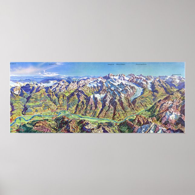 " Schweiz: 1960er/heute - Wallis Panoramakarte Poster (Vorne)