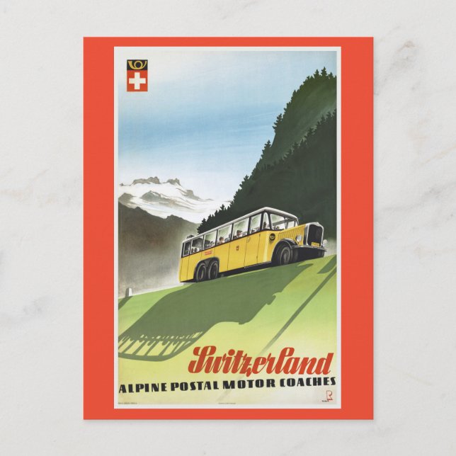 Schweiz Alpenbus Vintage Reise Postkarte (Vorderseite)