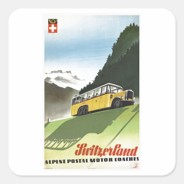 Schweiz Alpenbus Vintage Reise Quadratischer Aufkleber (Vorderseite)