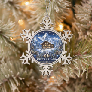 Schweiz Blaues Ferienchalet-Szene Schneeflocken Zinn-Ornament