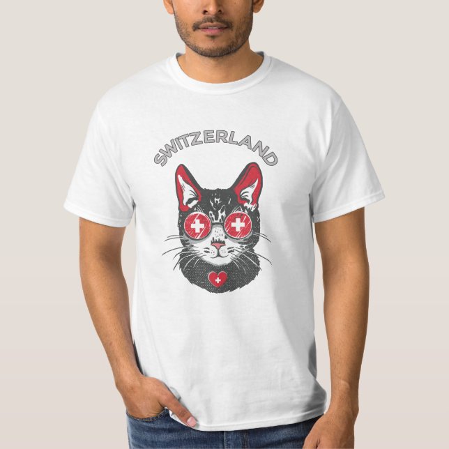 Schweiz Fußball Cat Mascot Schweizer Fahne T-Shirt (Vorderseite)
