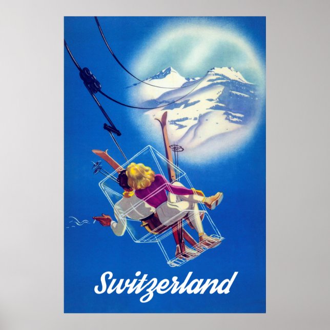 Schweiz, glückliches Skilauf auf Luftseilbahn Poster (Vorne)