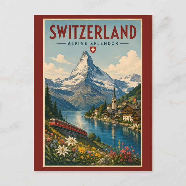 Schweiz Illustration Reise Kunst Vintage Postkarte (Vorderseite)