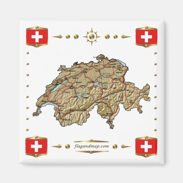 Schweiz Karte + Flaggen Magnet (Vorne)
