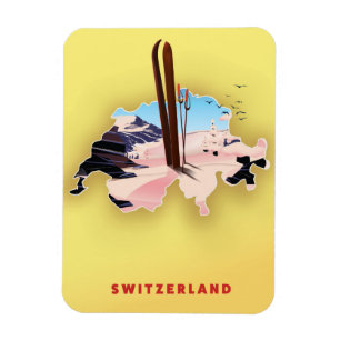 Schweiz Karte Skifahrplakat. Magnet