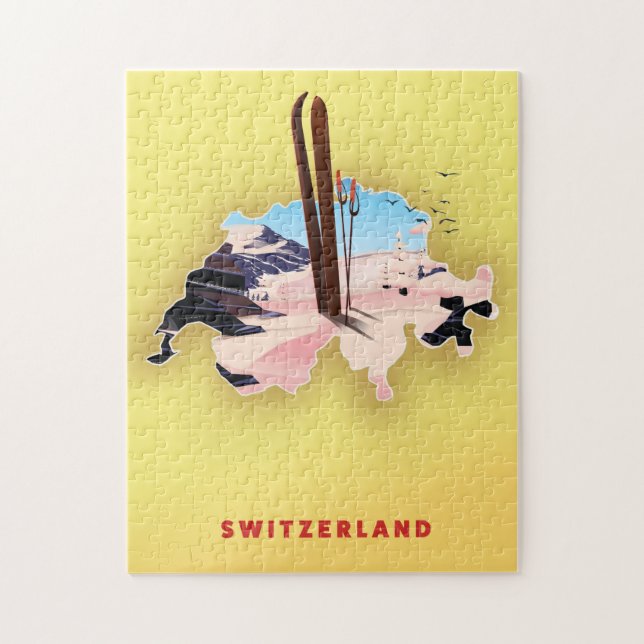 Schweiz Karte Skifahrplakat. Puzzle (Vertikal)