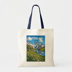 Schweiz Kühe Kuh Illustration Reise Kunst Retro Tragetasche