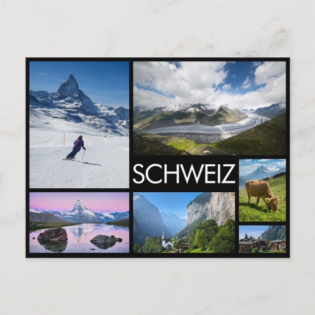 Schweiz mehrfache Bildcollage schwarz Postkarte (Vorderseite)