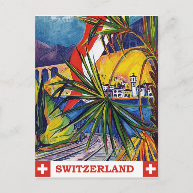 Schweiz mit dem Zug, Jahrgang Postkarte (Vorderseite)