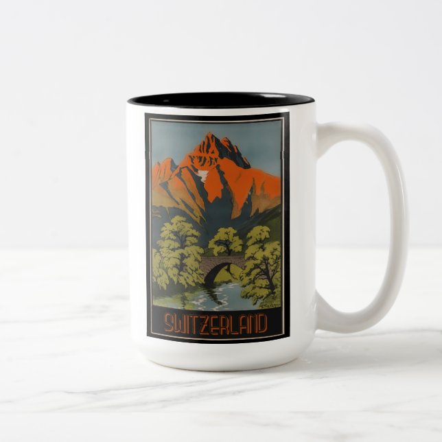 Schweiz Schweizer Alpen Vintage Reiseplakat Zweifarbige Tasse (Rechts)