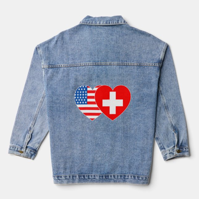 Schweiz USA Flag Twin Heart für Swiss American Jeansjacke (Rückseite)