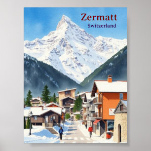 Schweiz Zermatt vintage Urlaub Aquarell Poster