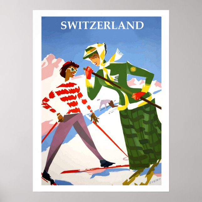 Schweiz, zwei Frau auf Ski, Vintage-Reise Poster (Vorne)