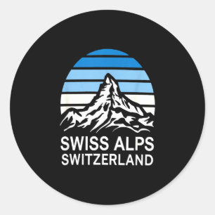 Schweizer Alpen Retro-Bergszene mit gestreiftem Hi Runder Aufkleber