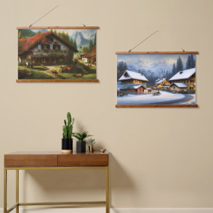 Schweizer Bauernhof Hängeband Wandteppich Mit Holzrahmen