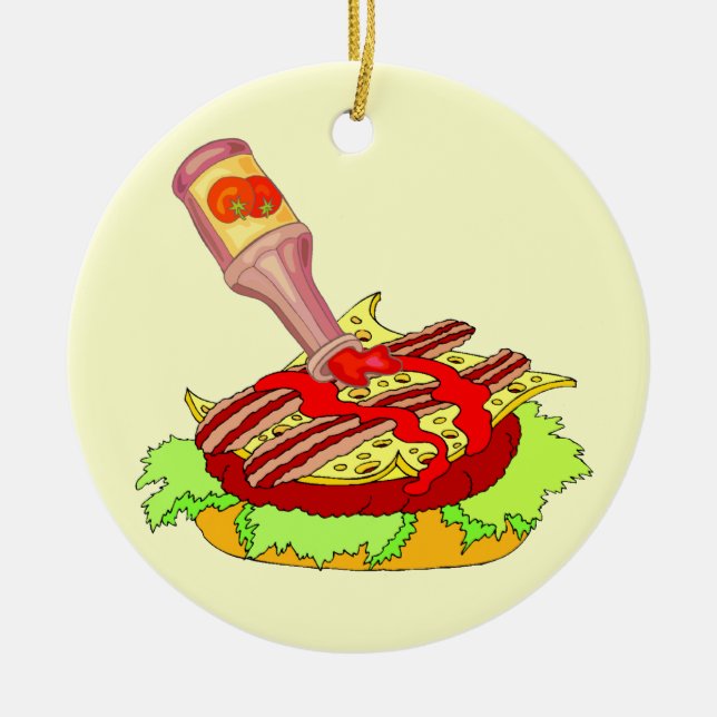 Schweizer Cheeseburger des Speckes mit Ketschup Keramik Ornament (Vorne)