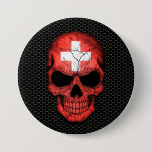 Schweizer Flaggen-Schädel auf Stahlmaschen-Grafik Button