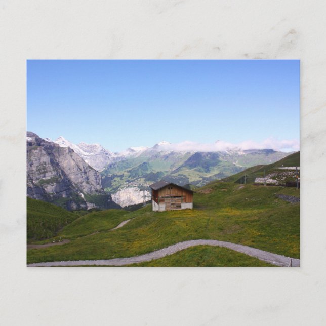 Schweizer Haus und Alpen Postkarte (Vorderseite)