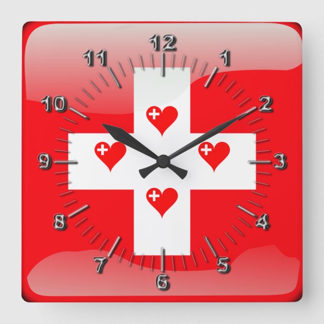 Schweizer Hochglanzflagge Quadratische Wanduhr (Vorderseite)