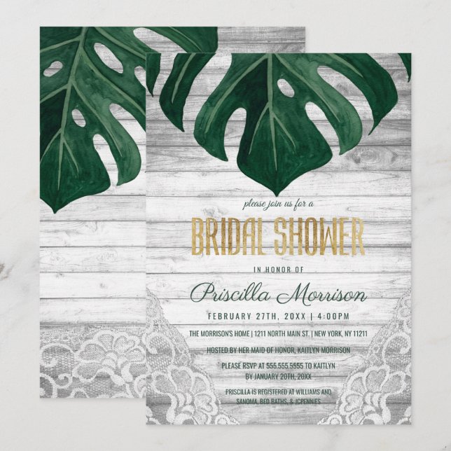 Schweizer Käse Leaf Holz Lace Gold Brautparty Einladung (Vorne/Hinten)