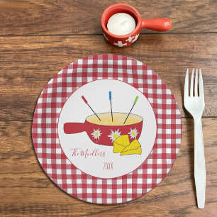 Schweizer Käsefondue rote und weiße Pappteller