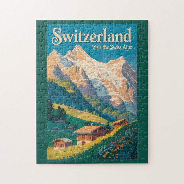 Schweizer Landschaftsillustration Reise Kunst Puzzle (Vertikal)