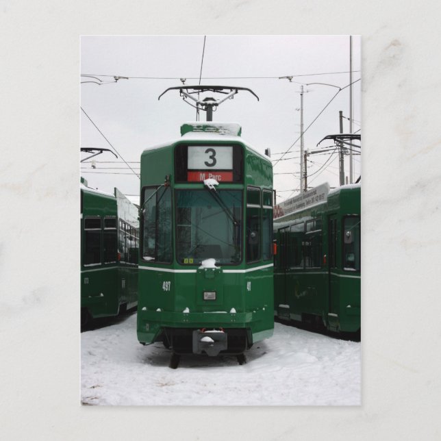 Schweizer Straßenbahnen im BVB M-Parc-Depot, Basel Postkarte (Vorderseite)