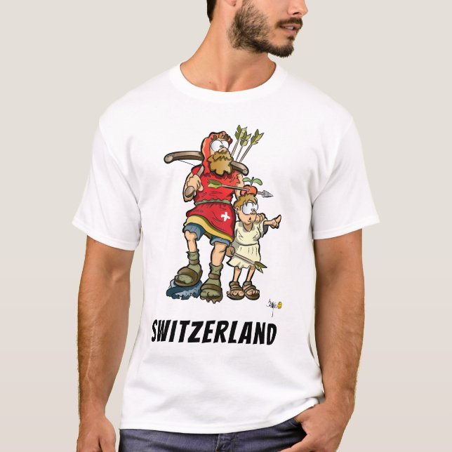Schweizer T - Shirt mit William Tell, Sohn und Kuh (Vorderseite)