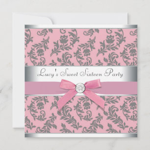 Schwenken Damask Pink und Gray Sweet 16 Party Einladung