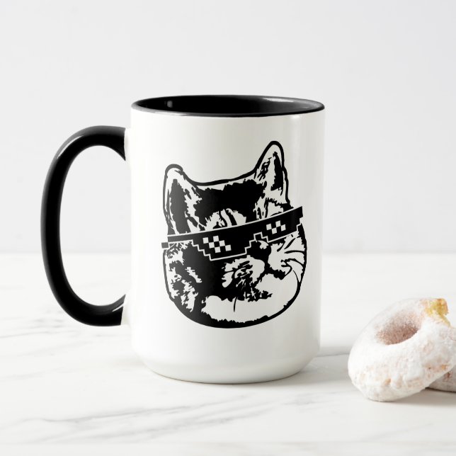 Schwere Atmungs-Katze mit Meme Sonnenbrille Tasse (Mit Donut)