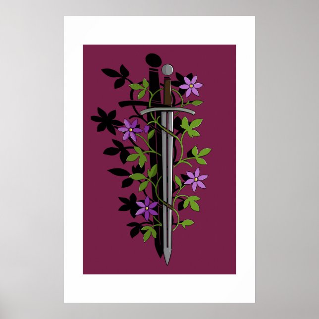 Schwert & Clematis – Mittelalterliche Blumenklinge Poster (Vorne)