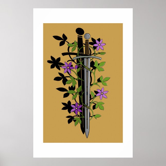Schwert & Clematis – Mittelalterliche Blumenklinge Poster (Vorne)