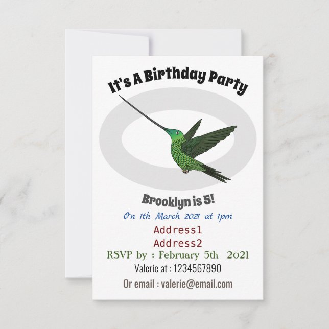 Schwertbillige Darstellung des Kolibris-Cartoon Einladung (Vorderseite)