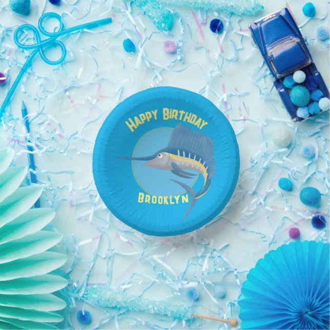 Schwertfisch Segel personalisiert Geburtstagsfeier Pappteller (Party)
