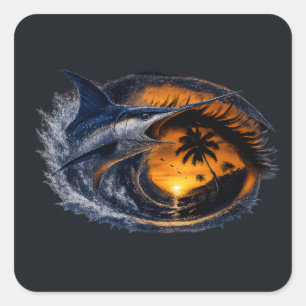 Schwertfisch-Sonnenuntergangs-Welle – Surrealistis Quadratischer Aufkleber