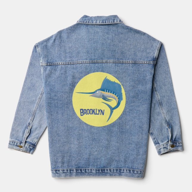 Schwertfischfisch Cartoon Illustration Jeansjacke (Rückseite)