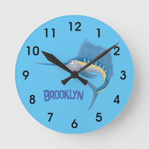 Schwertfischfisch Cartoon Illustration Runde Wanduhr
