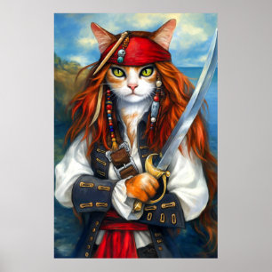 Schwertschwingende Piratenkatze Fantasy Charakte Poster