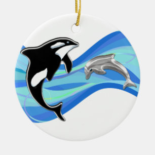 Schwertwal und Delphin in den Wellen Keramikornament