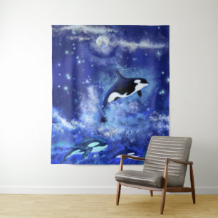 Schwertwale auf blauem Vollmond-Teppich-Gemälde Wandteppich