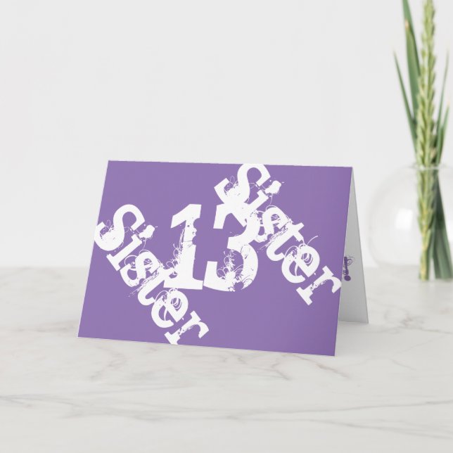 Schwester, 13. Geburtstag, weiß auf Pueple. Karte (Vorderseite)