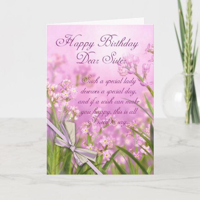 Schwester Birthday Card - Rosa Weibchenblume mit V Karte (Vorderseite)