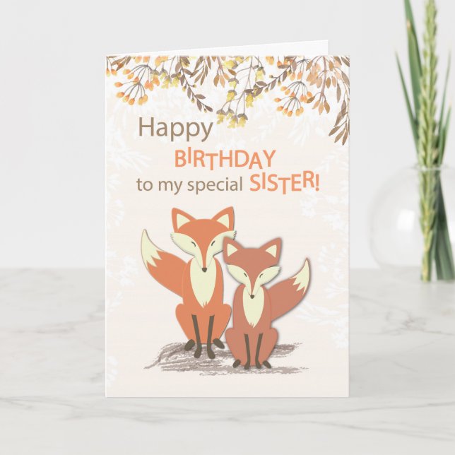 Schwester Birthday Foxes, Blätter auf Zweigen Karte (Vorderseite)