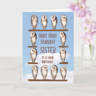 Schwester Birthday, neugierige Owls Karte