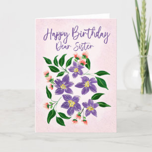 Schwester Birthday Painterly Purple Blumen und Pin Dankeskarte