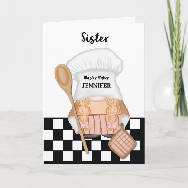 Schwester Birthday Whimsical Gnome Baker Backen Karte (Vorderseite)