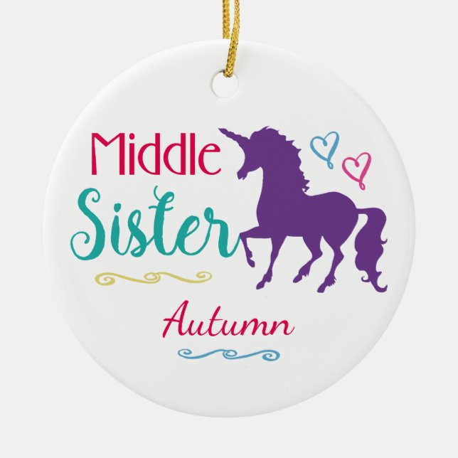 Schwester-buntes Einhorn-mittleres Keramik Ornament (Vorne)